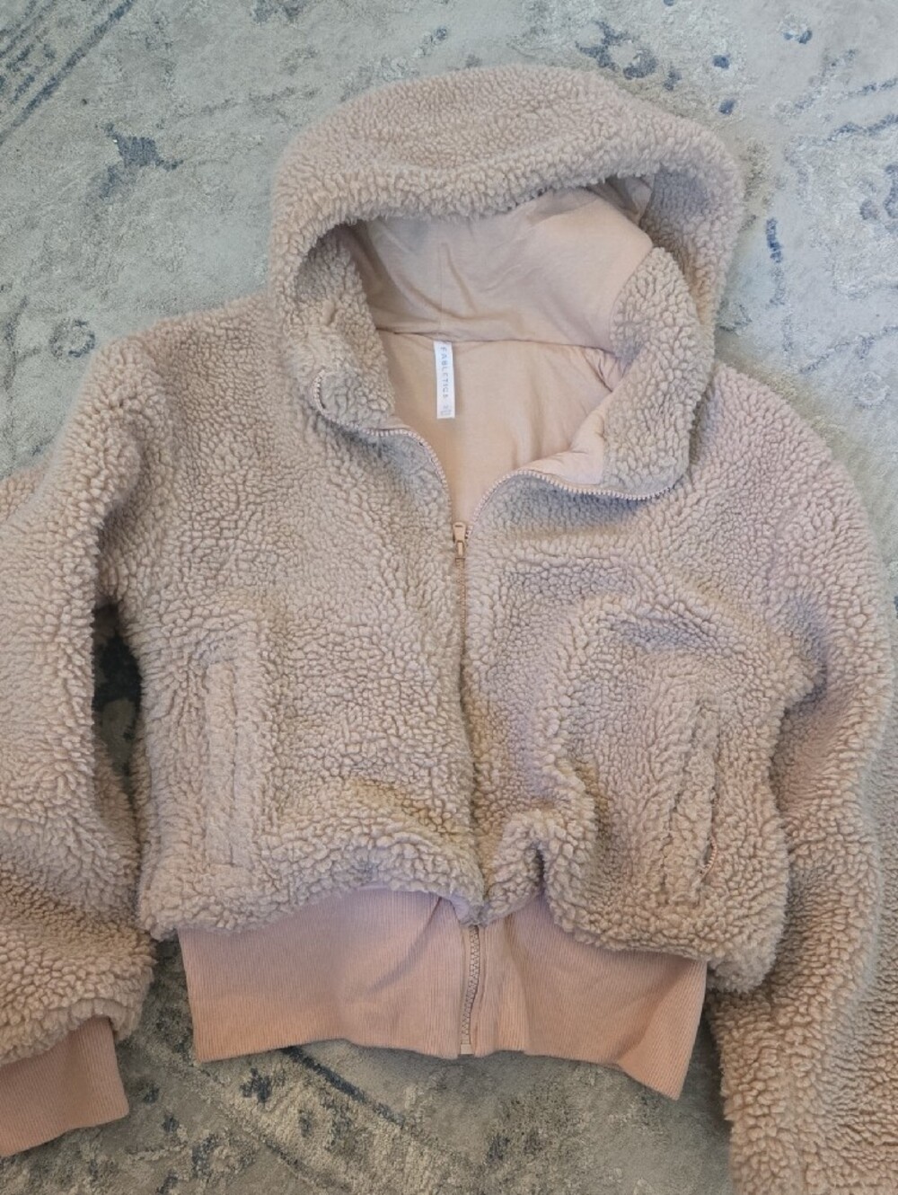 Fabletics Women's Light Beige Teddy Sherpa Jacket with Hood
